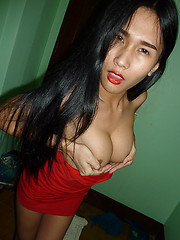 Thai ladyboy GF in red dress