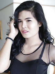 23 year old horny Thai ladyboy with raven hair andfake boobs striptease - Asian ladyboys porn at Thai LB Sex